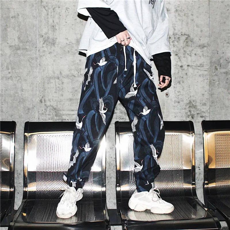 

Summer 2019 Loose pants men Ankle length Crane printing Black color Hip hop Cool trousers