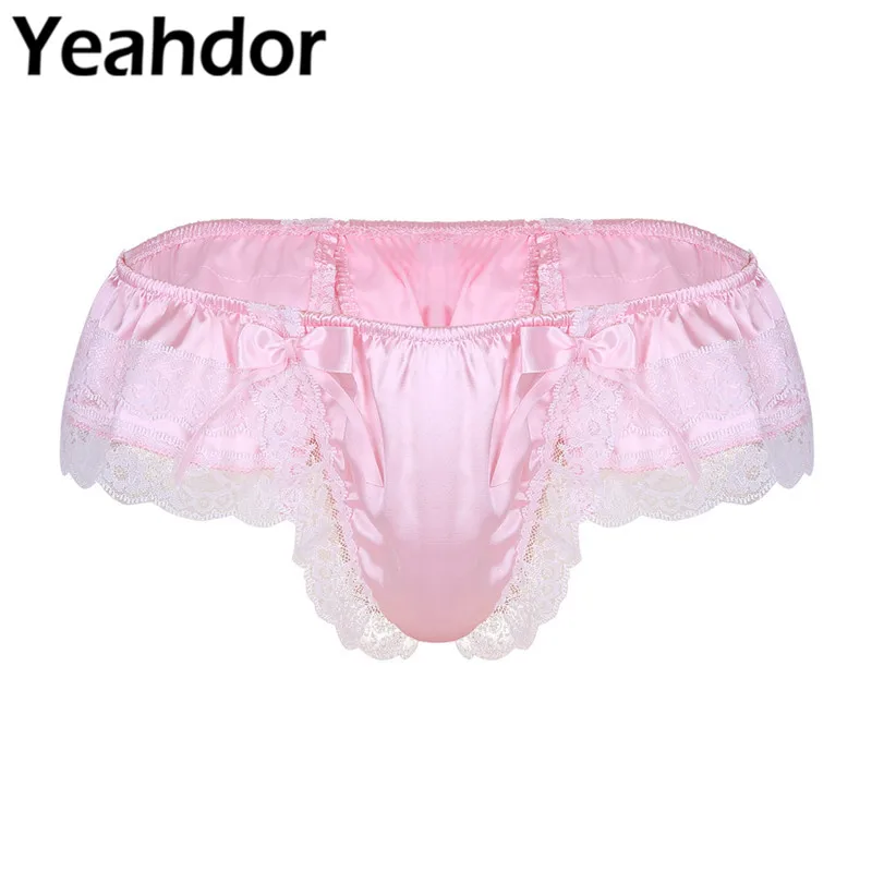 

Sissy Men Shiny Satin Lingerie Double Layers Floral Lace Underwear Back with Big Bowknot Low Rise Gay Thong Sexy Bikini Panties