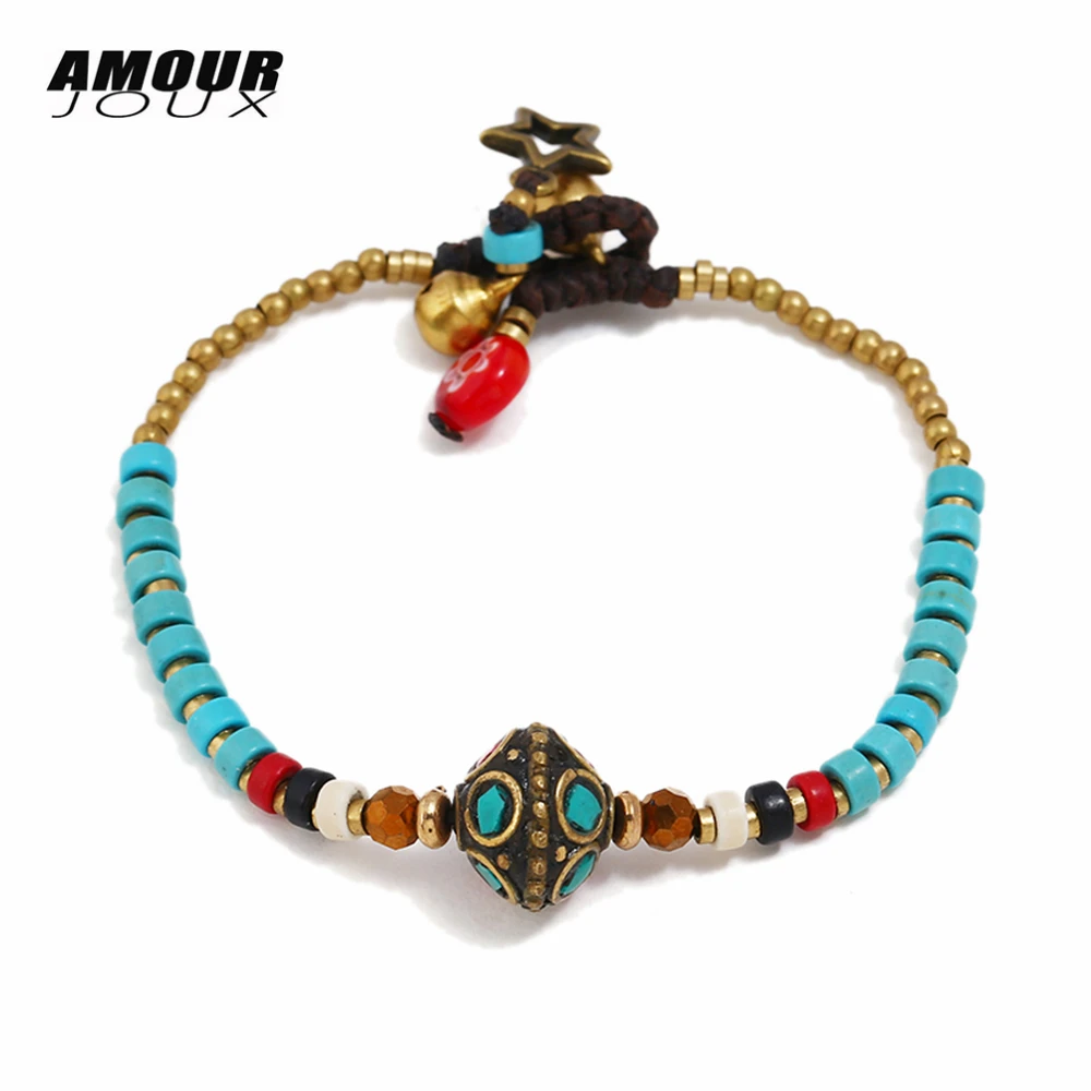 

AMOURJOUX Handmade Vintage Green Beads Ethnic Charm Bracelet Gold Color Beaded Chain Sting Bracelets For Women