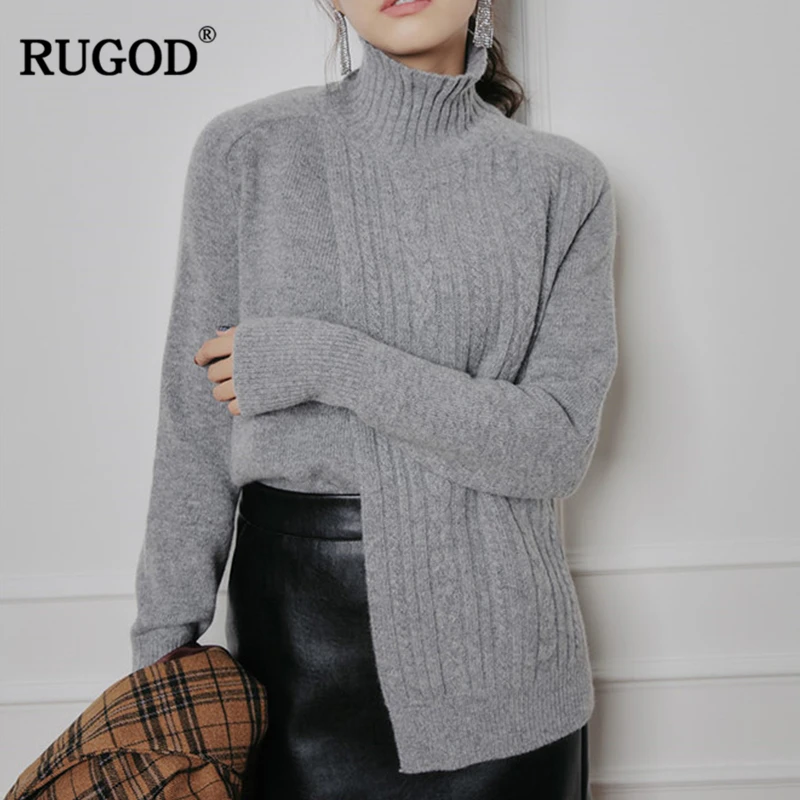 

RUGOD 2019 Newest Fashion Stitch Design Sweater Women Turtleneck Patchwork Knitted Sweaters and Pullovers Solid Pull Femme Girls