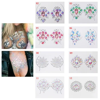 

Crystal Jewels 3D Chest Temporary Tattoo Sticker Stage Rhinestone Flash Tattoos Adhesive Face Jewel Chest Gem Body Paint