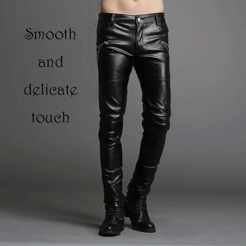 Модные осенне-зимние Для мужчин s тощие кожаные штаны искусственная черный бегунов Брюки мотоциклетные брюки для Для мужчин с завязками