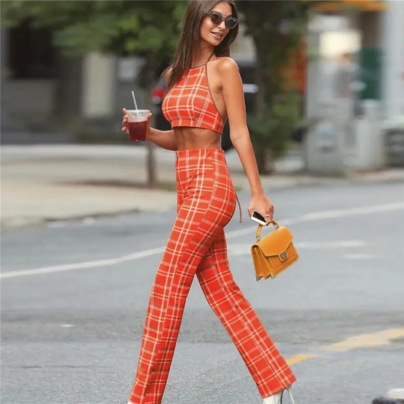 2017 Autumn fashion women plaid high waist pants halter tie up bandage zipper crop top two piece suit Women's Sets