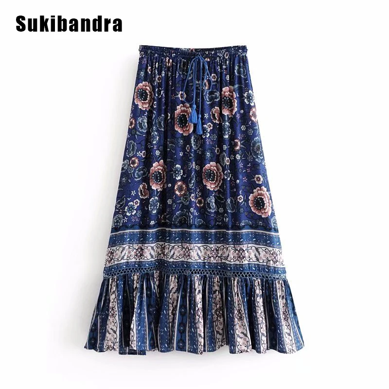 Sukibandra Лето 2018 Цветочный принт длиной макси Boho Богемская юбка для Для женщин пляжные Винтаж хиппи кисточкой женские синий юбка с рюшами