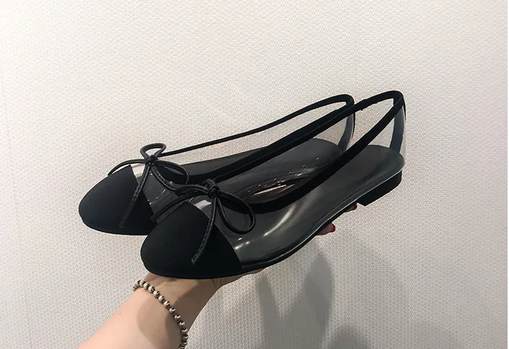 

Woman Round Toes Black White Mixed Color Shallow Mouth Single Shoes Ladies Plastic Transparent Bowtie Slip On Single Shoes