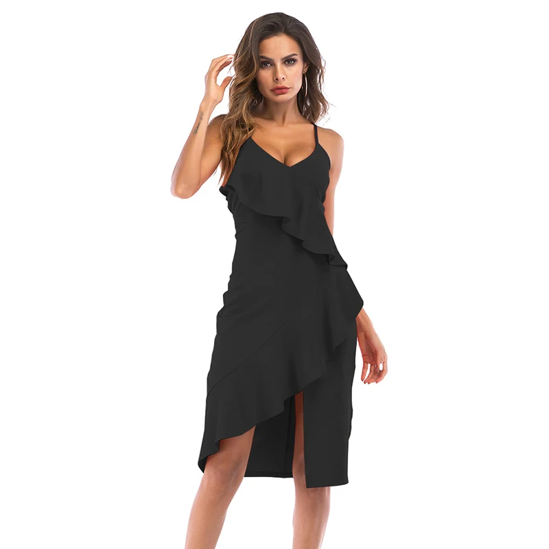 ShejoinSheenjoy Irregular Ruffles V-Neck Summer Dress Autumn Spaghetti Strap Split Backless Sexy Women Midi Dress Clothing (2)