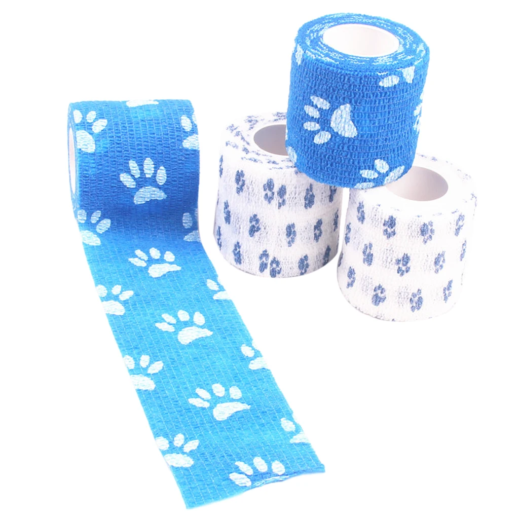 4 Pieces Reusable Self-Adhesive Bandage Athletic Pet First Aid Tapes with Paw Print Blue White 4.5 m*5.0cm
