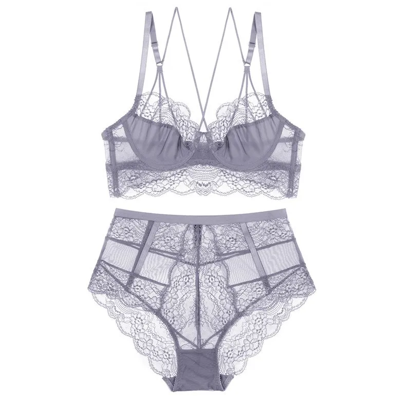 

2019 Ultra Thin Transparent Unlined Lace Bra Set Bandage Cross Strappy Bra Backless High Waist Panties Women Lingerie
