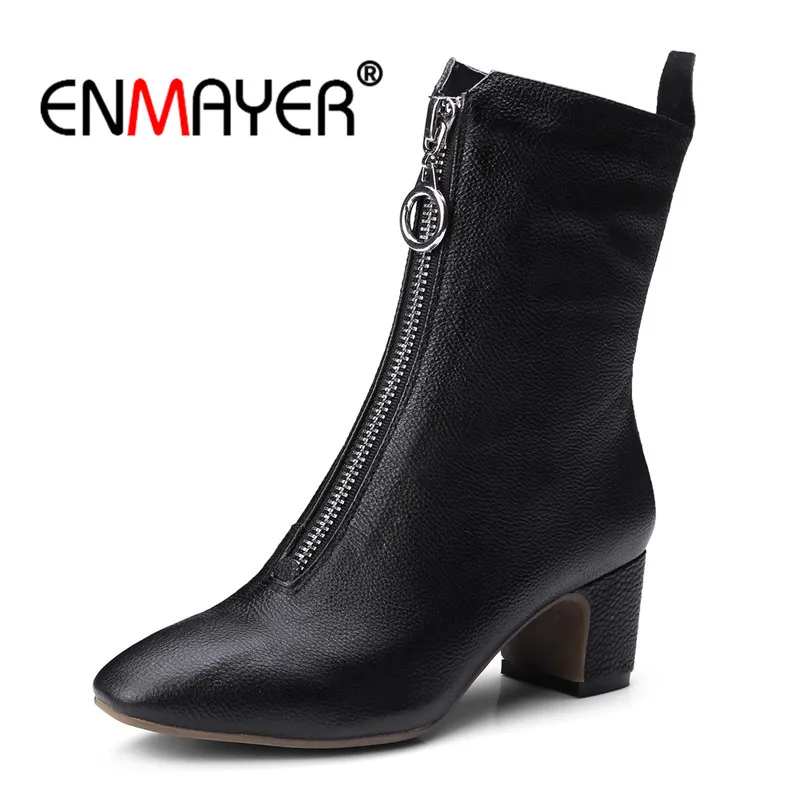 

ENMAYER Genuine Leather Women Ankle Boots Square Toe Autumn Winter Shoes Fashion boots Causal Metal Zipper Strange heels CR773