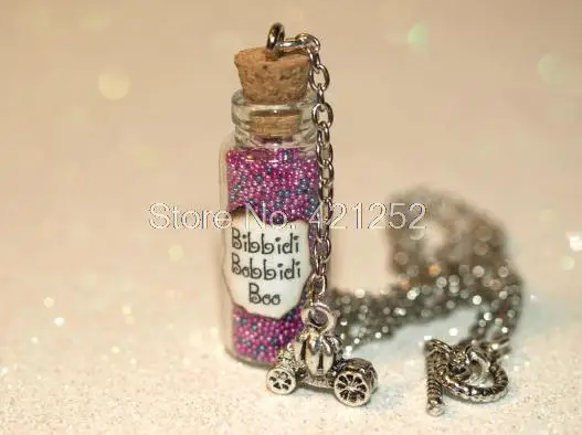 

12pcs Bibbidi-Bobbidi-Boo Bottle of Magic Necklace with Pumpkin Carriage Charm Cinderella Fairy necklace in silver