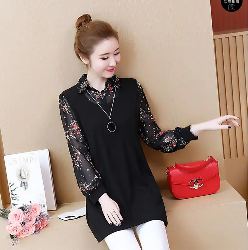 Luoyifxiong 2019 осень лоскутное поддельные два Для женщин топы и блузки с длинным рукавом Повседневное блузка, женские рубашки Плюс Размеры Blusas