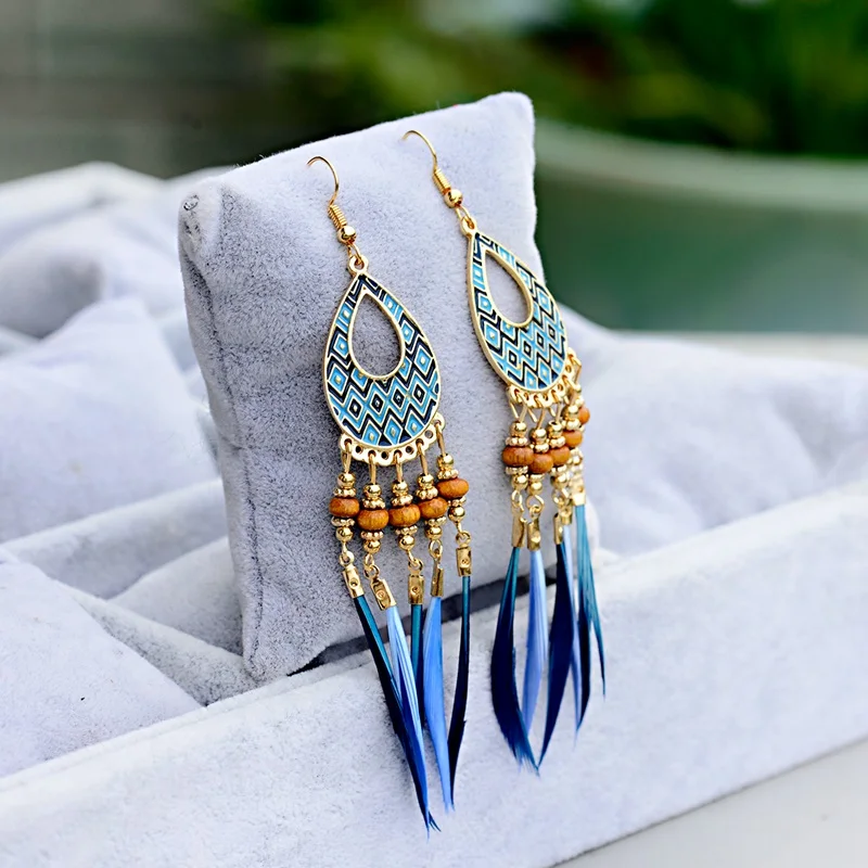 Ethnic Bohemian Boho Long Feather Indian Earrings For Women Brincos Bijoux Charm Gypsy Hippie Tribe Vintage Ladies Earrings