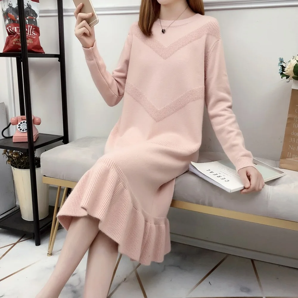 chic Winter Black Sweater Dress Women O-neck Long Sleeve Mid-Calf thick Knit Dress bodycon female slim girl short dress