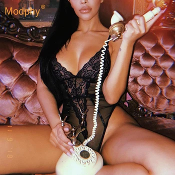 

2019 new sexy black lace one-piece tights women's tight-fitting spaghetti with perspective jumpsuit haber women's mesh jumpsuit