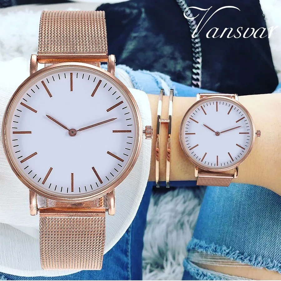 

Fashion Women Stainless Steel Mesh Strap Watch Ultra Thin Casual Ladies Quartz Watch Vansvar Brand Hours Montre Femme