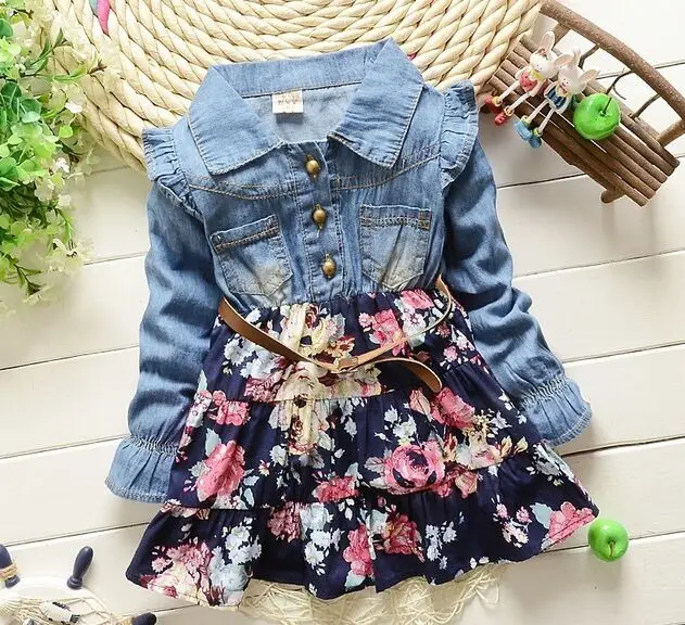 

Girls Polka Dot cartoon princess dress Denim floral dress summer dresses Lace Flowers Long Sleeve girls clothes jeans