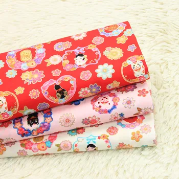 

half yard thin cotton fabric cartoon fortune cat flower print handmade DIY bag garment dress cloth 100% cotton B131
