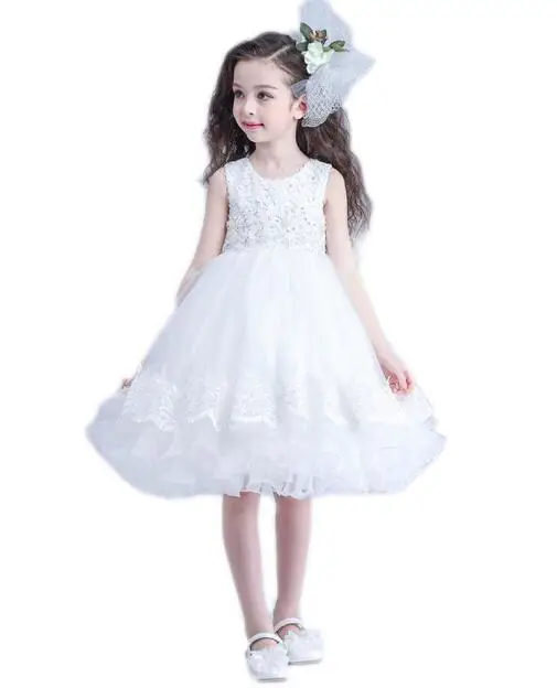 

Girls Wedding Formal Dresses 2018 Sleeveless Tiered Gauze Flowers Girls tutu Princess Dress Kids Birthday Party Dress White