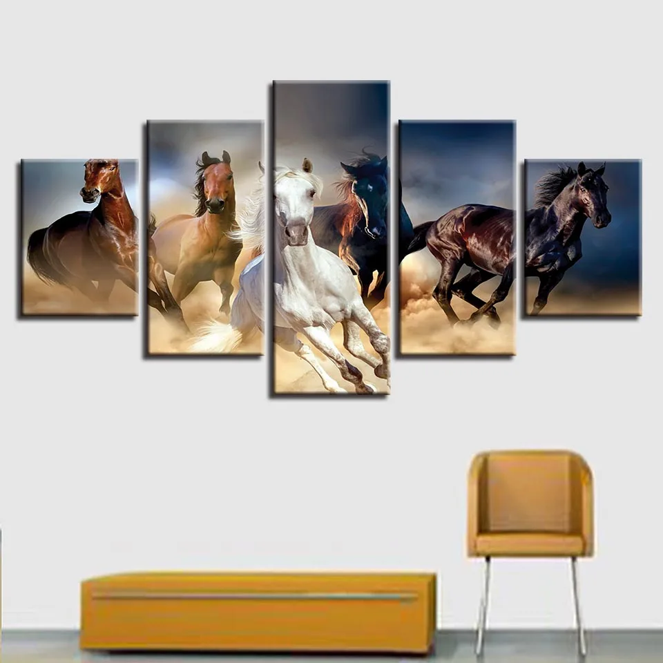 

Canvas Printed Scenery Paintings 5 Pieces Animals Horse Running Very Fast Modular Pictures Living Room Wall Art Home Decor Frame