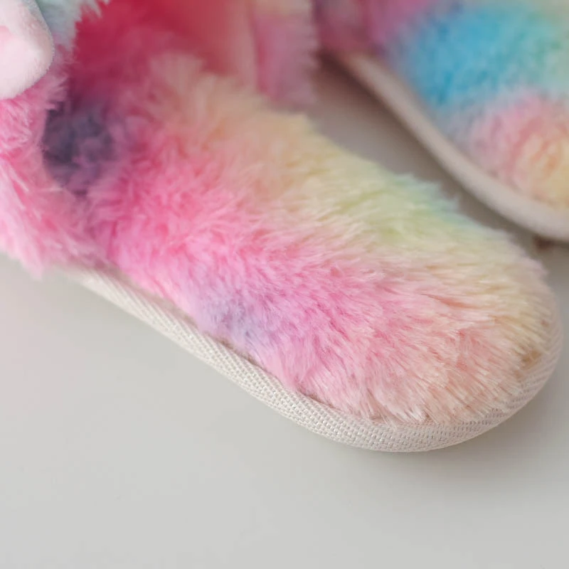 Millffy/милые разноцветные бархатные плюшевые тапочки с единорогом и открытым носком; женские домашние тапочки с радужным единорогом; сезон лето; нескользящая обувь