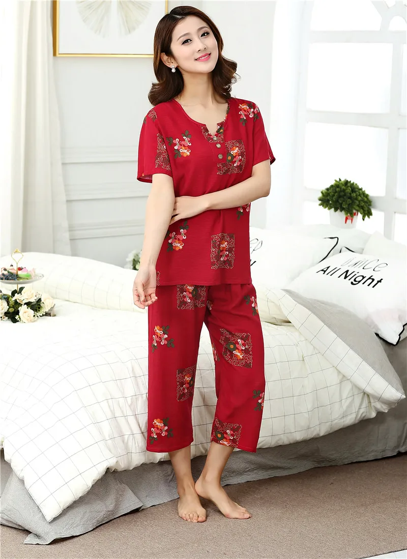 Женский пижамный комплект размера плюс, женская пижама из хлопка и льна с цветочным принтом, летняя повседневная свободная одежда для сна, домашняя одежда