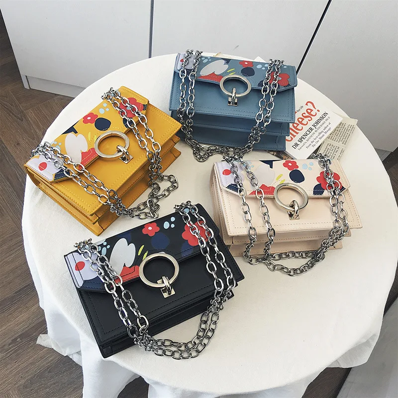 

Summer Handbag Lovely Flower Printing Chain Shoulder Bag For Ladies Personality Lock Design Crossbody Bag Women Messenger Bag