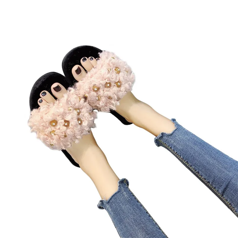 

Fashion Women Comfortable Warm Flat Bottom Home Open Toe Cross Fur Slippers Shoes Basic Flip Flops scarpe donna buty damskie Y#