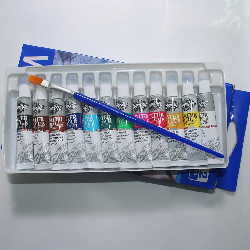 6ML 12 Colors Tubes Set Watercolor Paints Professional Water Paint Hand Painted Canvas Pigment Art Supplies Free Brush