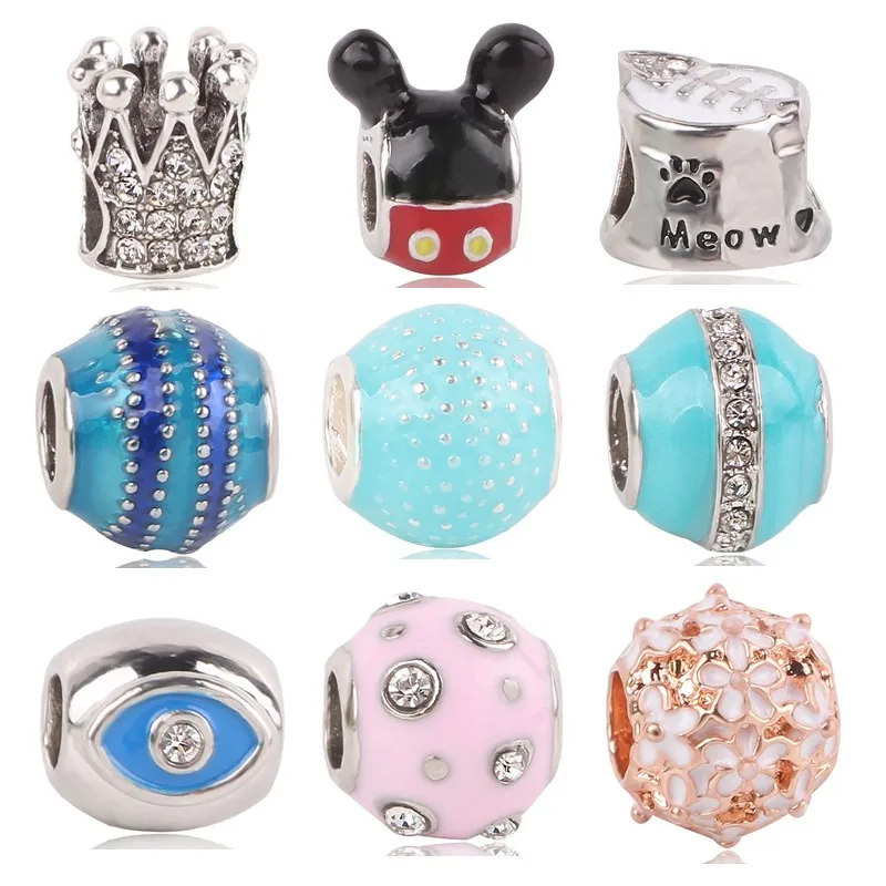 

Couqcy Fit Pandora Bracelet Bangle Czech Jewelry DIY Blue color Crown Mickey Flower Meow Bead Original Charms Beads