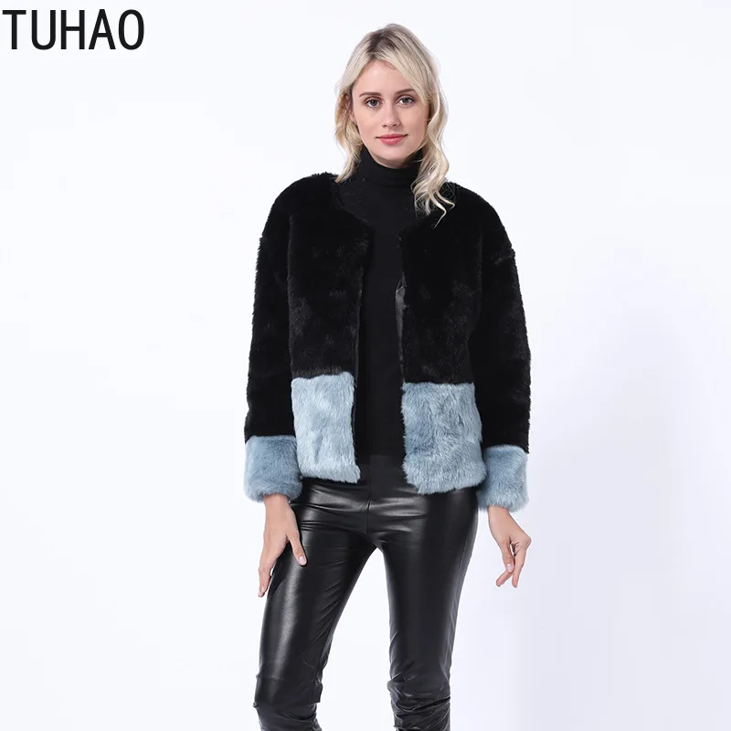 

2019 Autumn Winter ImiTtion Rabbit Fur Coat Short Fur Jacket Color Patchwork Faux Fur Coat Female TJFW228