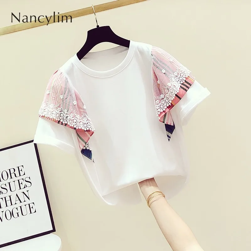 

2019 Summer New Korean Mosaic Lace Contrast Stripes Crew Neck Short Sleeve T-shirt Women's Casual Jacket Pull Shirt Student T