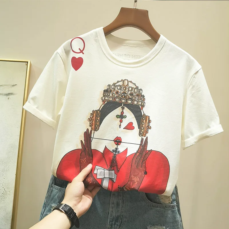 Zuolunouba اللعب بطاقات في المتناثرة T قميص المرأة الجديدة عارضة قصيرة الأكمام الصيف تيز قمم فضفاضة Zuolunouba اللعب بطاقات في المتناثرة T قميص المرأة الجديدة عارضة قصيرة الأكمام الصيف تيز قمم فضفاضة