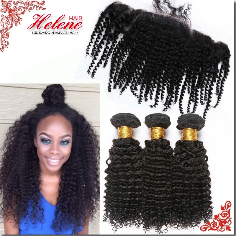 

7A Unprocessed Brazilian Curly Hair With Closure 3 Bundles Human Hair With Lace Frontal Closure Afro Kinky Curly Hair Weave