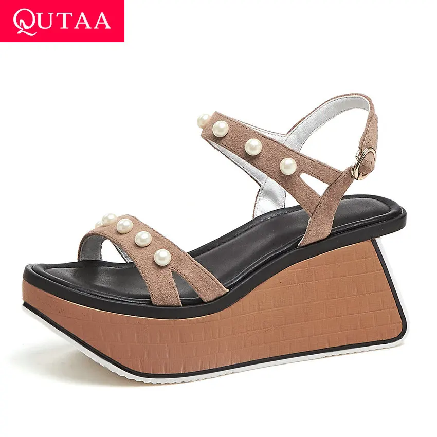 

QUTAA 2019 Women Sandals Genuine Leather Bead Decoration Strange High Heel Buckle Casual Platform Ladies Shoes Summer Size 34-39