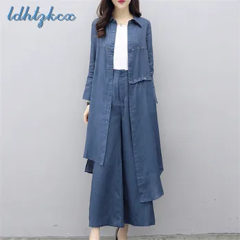 

Two Piece Set Women 2018 Autumn New Denim Blue Plus Size Wide Leg Pants and Loose Coat Sets Fashion Casual Set Clothing CX214