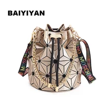 NEW Women Plaid Leather Handbag Chains Drawstring Ladies Bucket Bag Messenger Bags Crossbody Shoulder bag