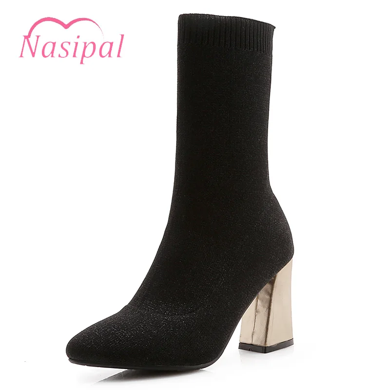 

Nasipal Stretch Sock Boots Fashion Autumn Winter Mid Calf Boots Black Brown Big Size 33-46 Women's Shoes Thick High Heel Shoes