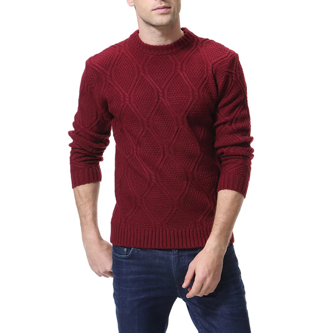 Men's Knitted Cashmere Wool Casual Crew Neck Long Sleeve Loose Winter Warm Pullover Sweater Tops