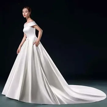 

White Stain Wedding Dresses Simple Bow Floor-Lenth Court Train Boat Neck Lace-up Bridal Gown Party Dresses