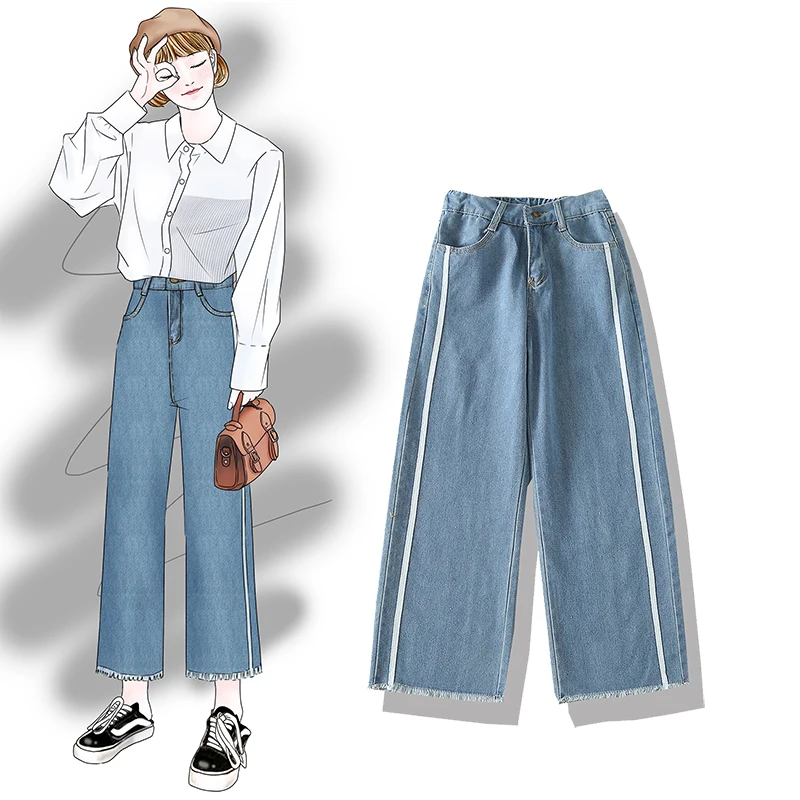 Spring high waist loose side white strip wide leg elastic