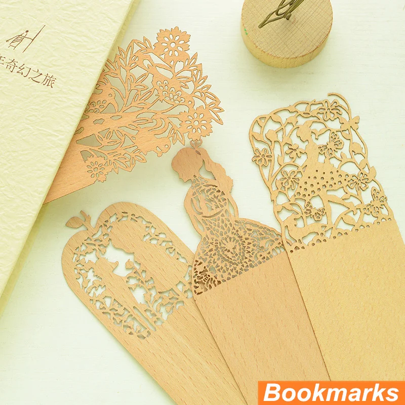 6 pcs/Lot Slim wood bookmark Vintage carved wooden bookmarks for books marcador de livro Office