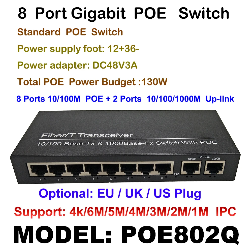 8 Port 100Mbps IEEE802.3af POE Switch 8ch Plus 2ch Gigabit Uplink Power over Ethernet Network Switch for IPCamera VoIP Phone AP