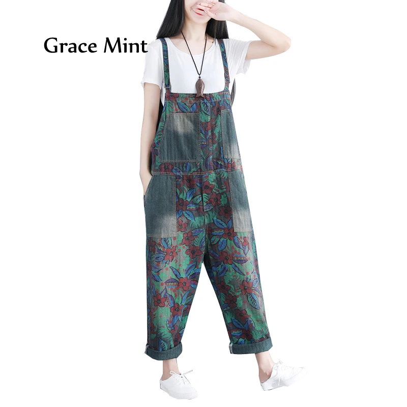 Jeans Overalls Loose Denim Pants Vintage Washed Flower Pattern Denim