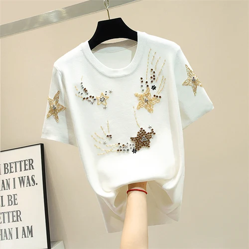 

Short-sleeved T-shirt Women Button-ordered Pearl Ice Silk Knitted Loose White European TShirt Woman Spring Summer Knitwear Tees