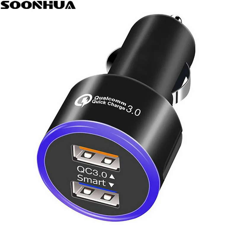 SOONHUA Dual Port USB Car Charger For iPhone Xiaomi Samsung QC3.0 Fast Charge Adapter LED Mini USB Car-Charger For Mobile Phone