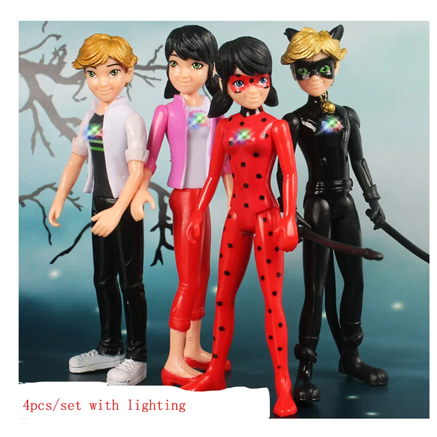 

mylb 4pcs/lot 14*5.5cm Lighting PVC Miraculous Ladybug Adrien Noir Agreste Cat Action Figure Model Toys Kids Gift With Opp Bag