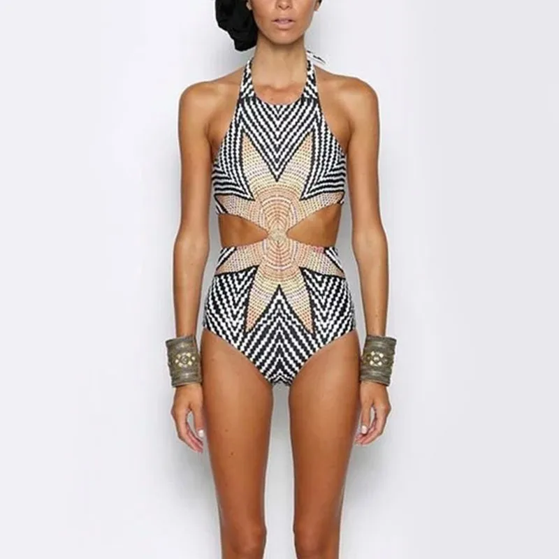 

2018 One Piece SwimSuits Print Geometry Bathing Suits Floral Swimwear Women Bodysuit High Neck Monokini Triquini Stripe Trikini