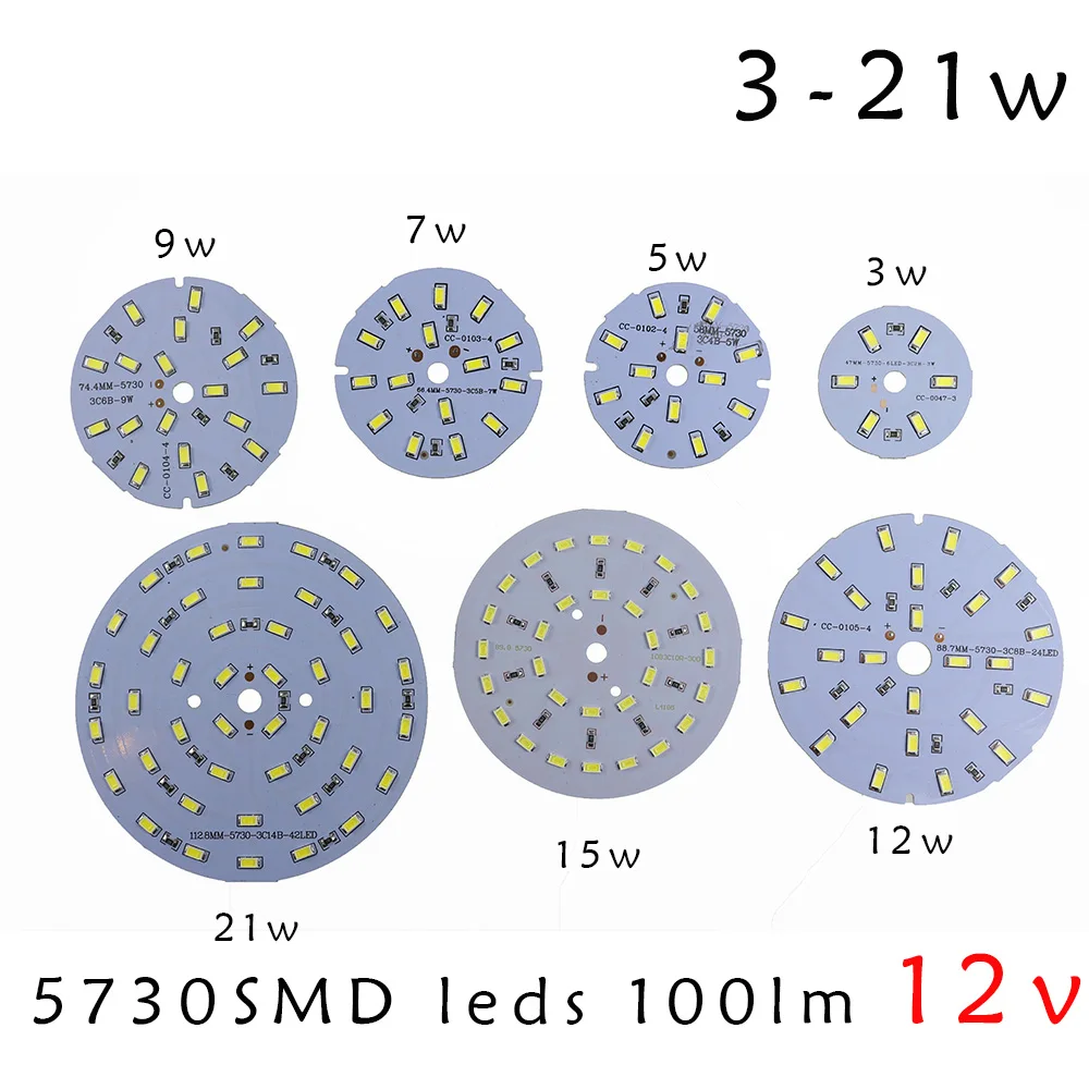 Супер яркий SMD5730 PCB 12 В 100лм/Вт лампа 3 Вт 5 Вт 7 Вт 9 Вт 12 Вт 15 Вт 21 Вт светодиодные лампы белый/теплый белый для кемпинга/домашнего освещения 10 шт./лот