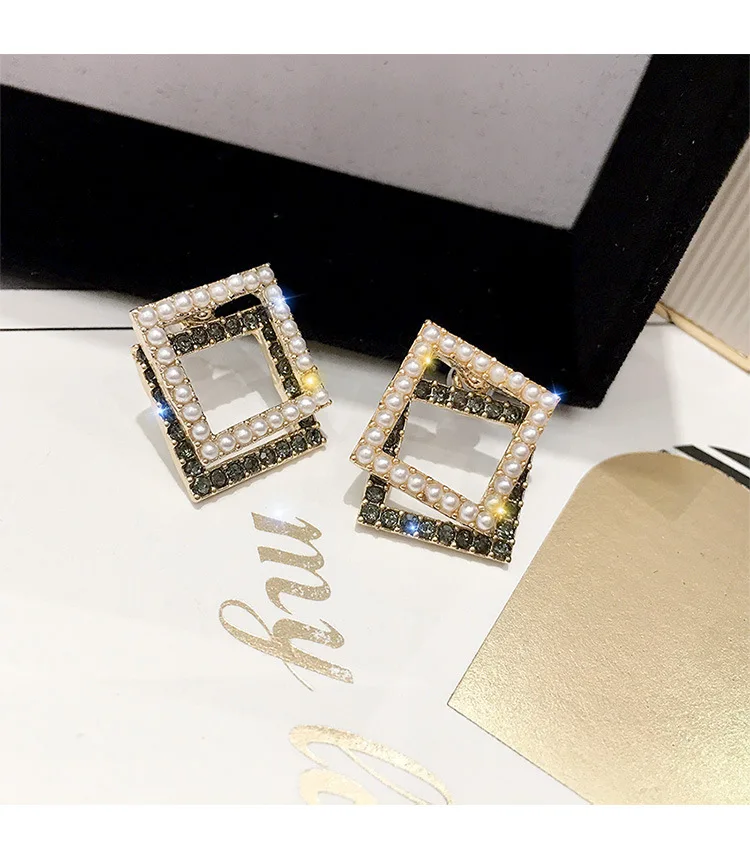 Япония корейская мода ювелирные изделия маленькие двойные серьги с кристаллами и жемчугом геометрические универсальные массивные серьги для женщин - Окраска металла: Родиевое покрытие