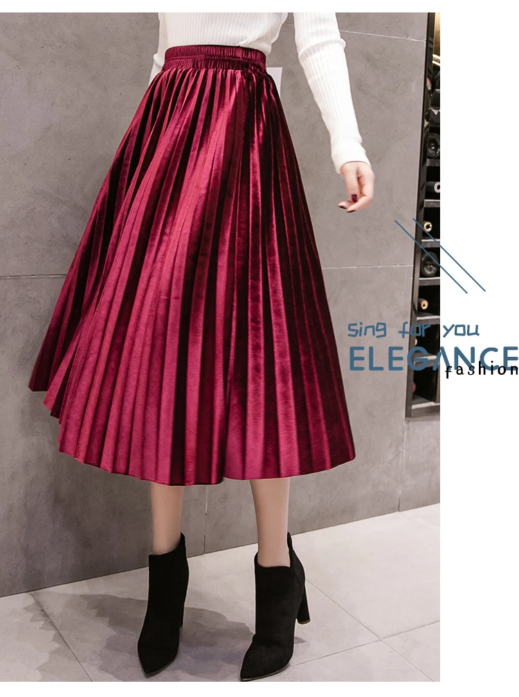 2018 осень зима бархатная юбка высокая талия тощий большой качели длинные плиссированные юбки металлик 18 цвета плюс размеры 3XL миди Saia